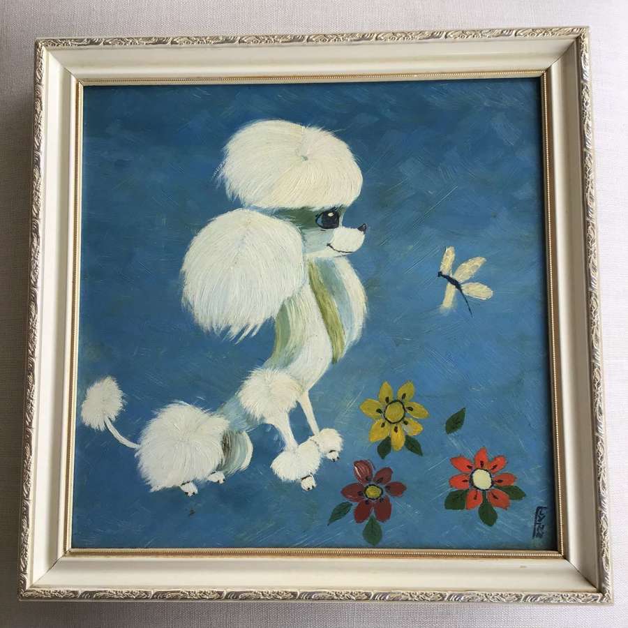 Vintage 1960s framed poodle oil painting