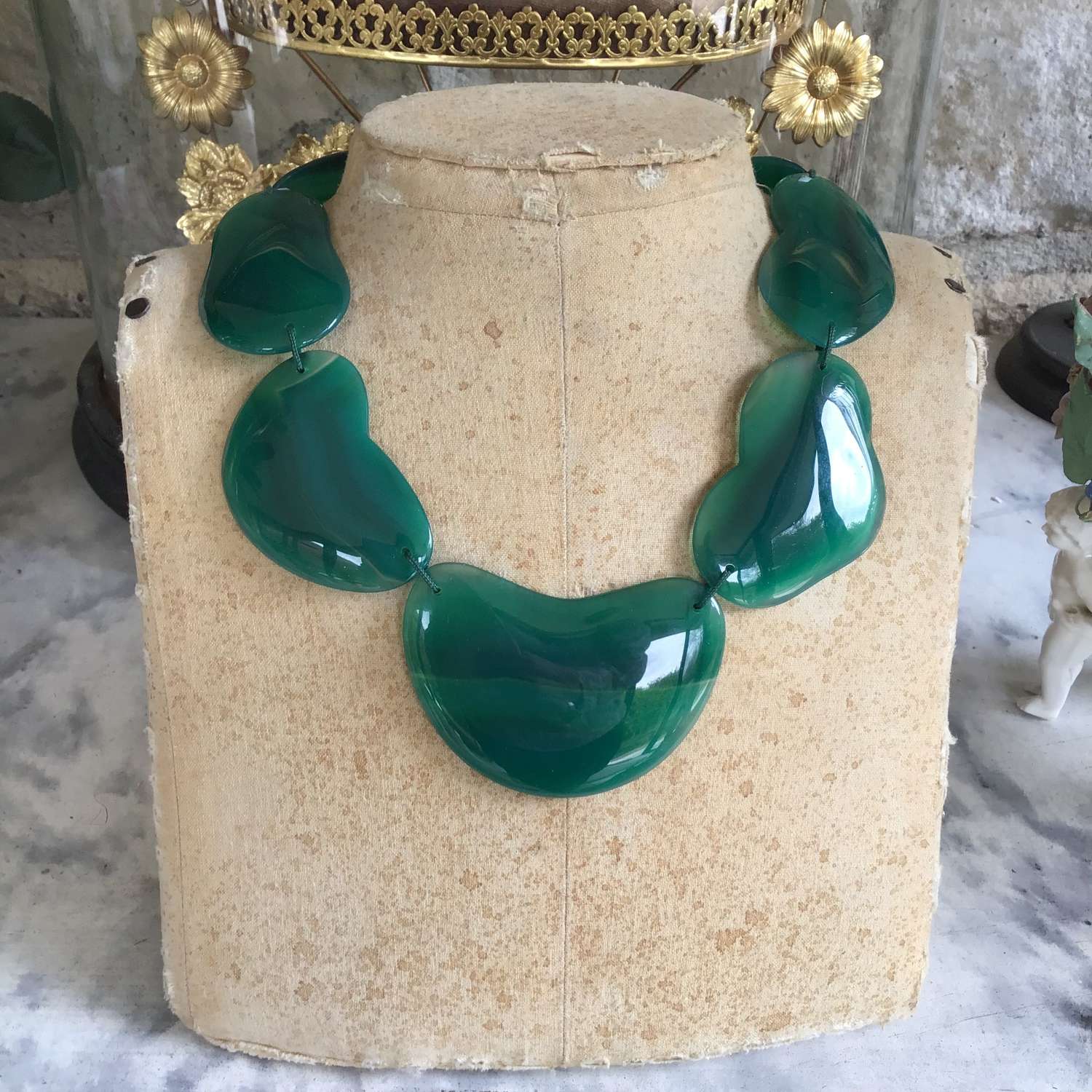 Hand carved green agate necklace by Barbara Harris