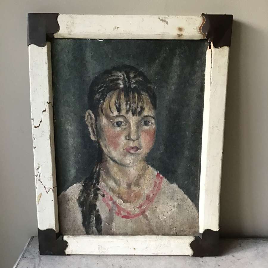 Oil painting of girl in rustic original frame