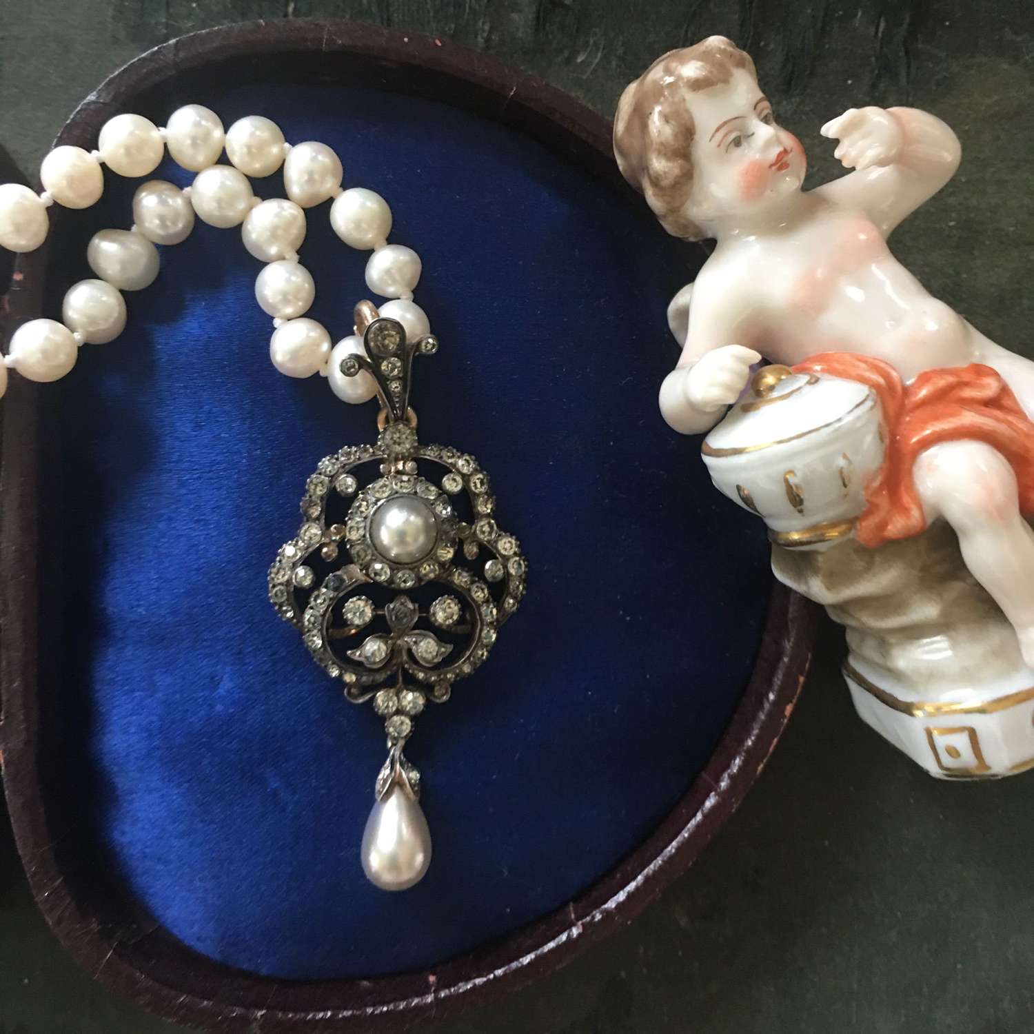 Vintage c 1950’s silver gilt paste pendant  and pearl necklace