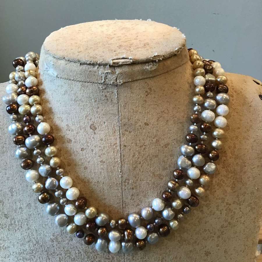 Multicolour cream, white, gold, grey pearl necklace with silver clasp