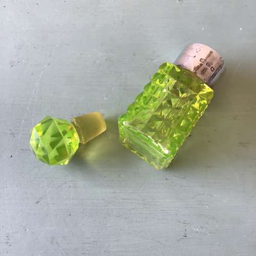 Uranium glass silvered collared scent bottle 1898