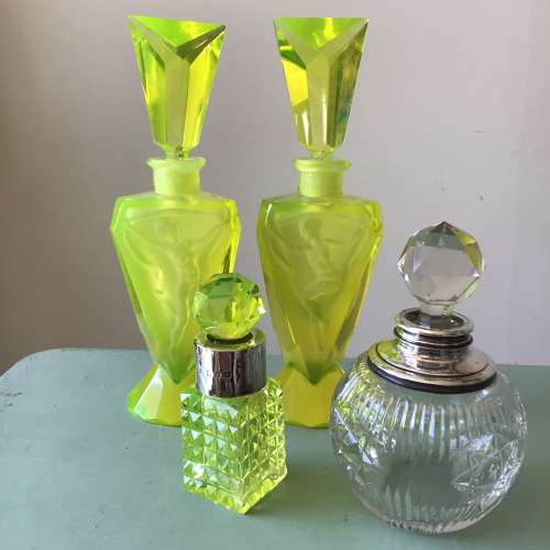 Uranium glass silvered collared scent bottle 1898