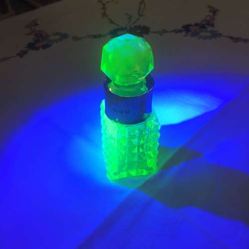 Uranium glass silvered collared scent bottle 1898