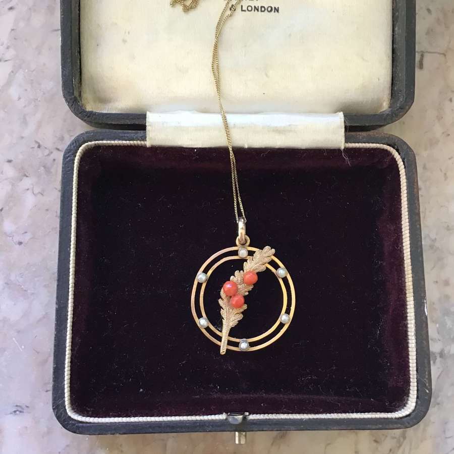 Edwardian 9ct gold coral and seed pearl pendant on 9ct gold chain