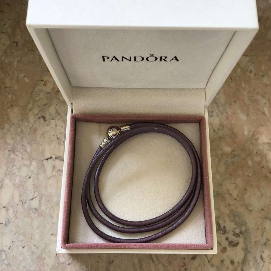 Pandora silver clasped mauve leather necklace/triple wrap bangle