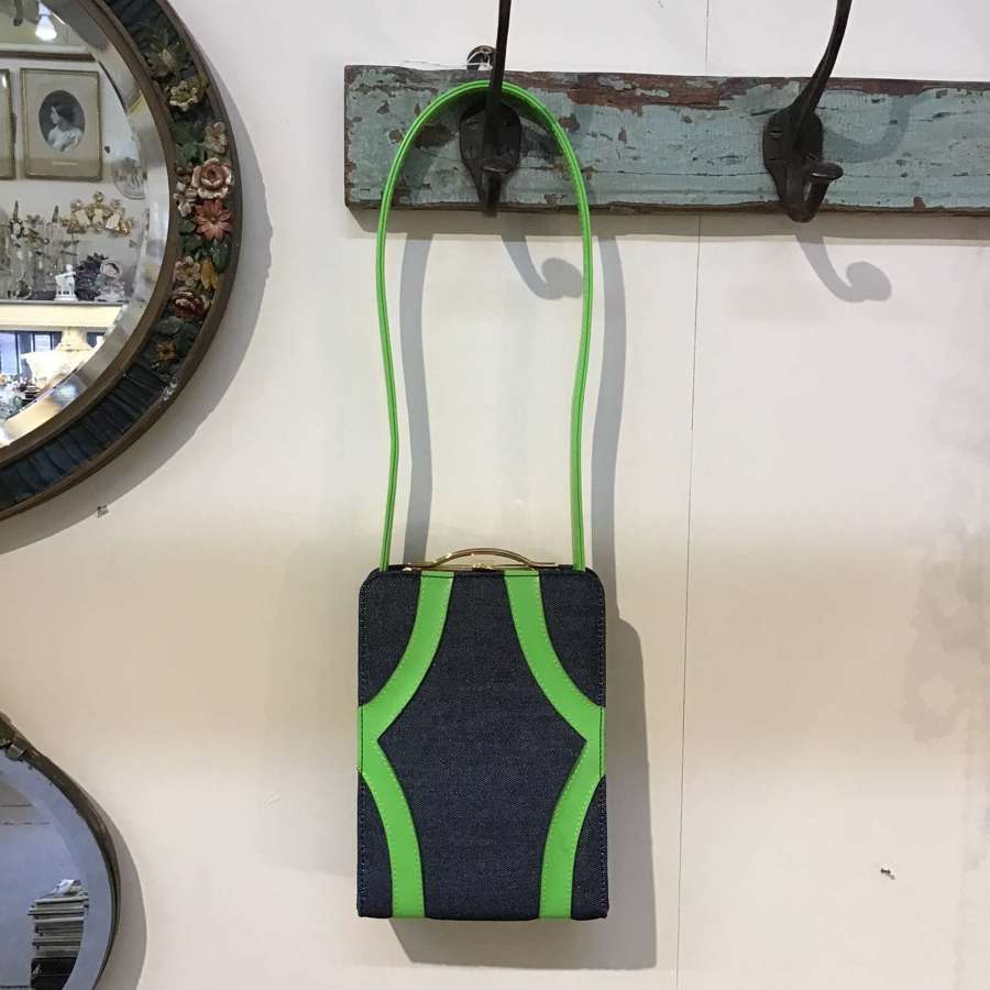 Carlo Fauchi Couture denim and green leather handbag