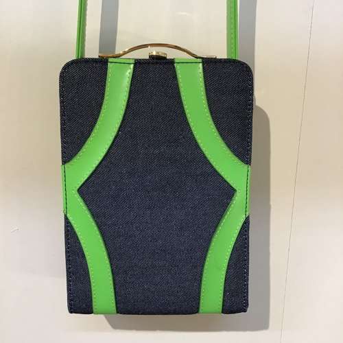 Carlo Fauchi Couture denim and green leather handbag