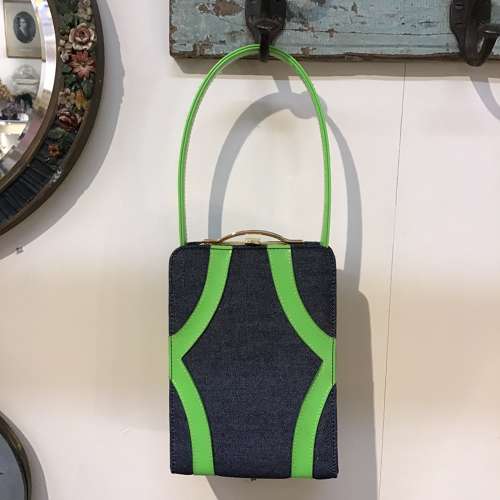 Carlo Fauchi Couture denim and green leather handbag