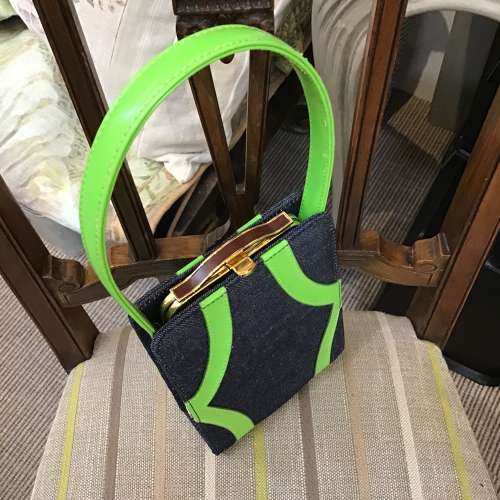 Carlo Fauchi Couture denim and green leather handbag