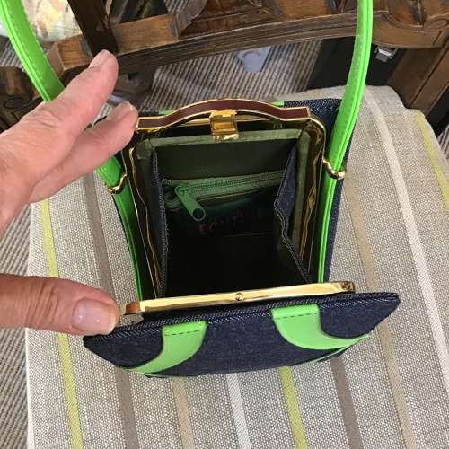 Carlo Fauchi Couture denim and green leather handbag