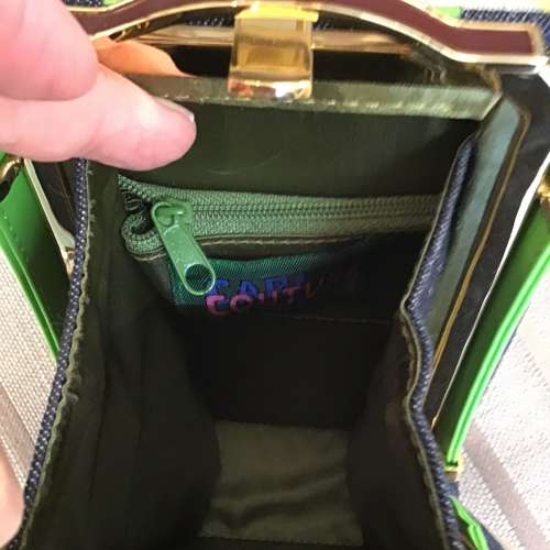 Carlo Fauchi Couture denim and green leather handbag
