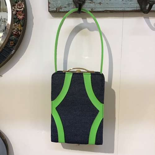 Carlo Fauchi Couture denim and green leather handbag