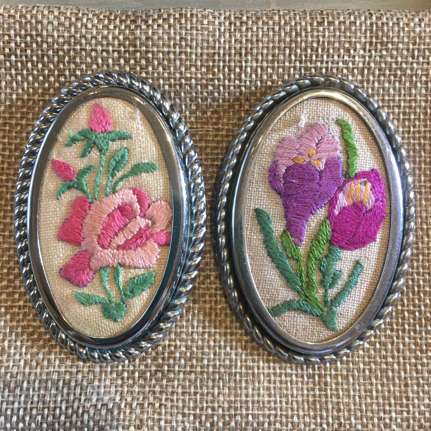 1950s hand embroidered floral brooches 2 available