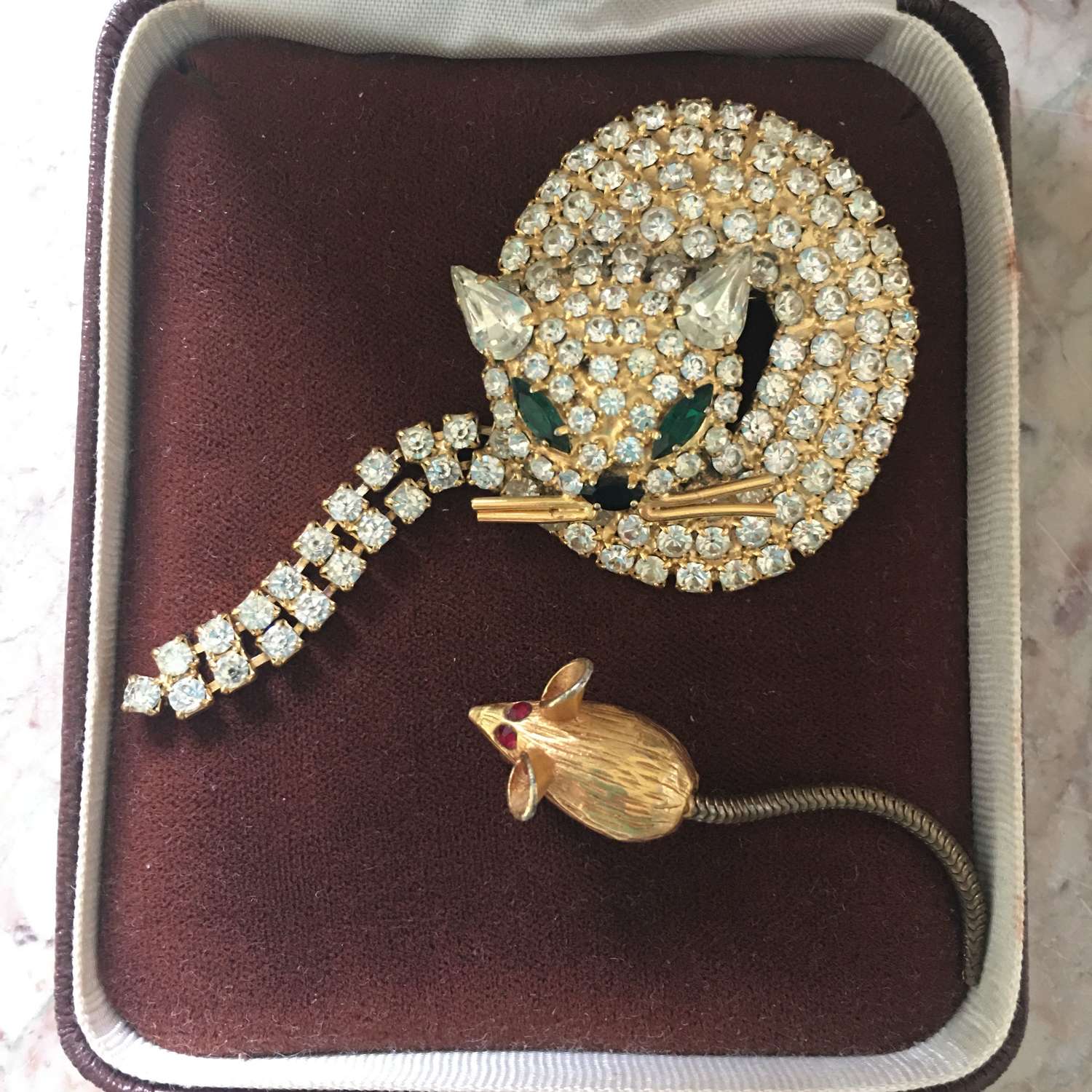 Vintage cat and mouse brooches