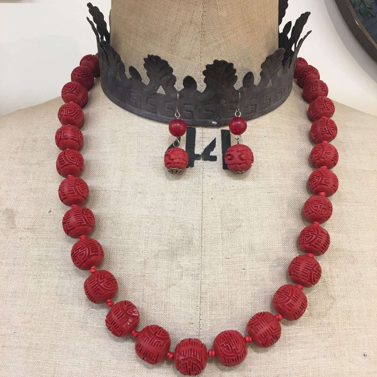 Vintage Chinese red carved cinnabar necklace and drop earrings