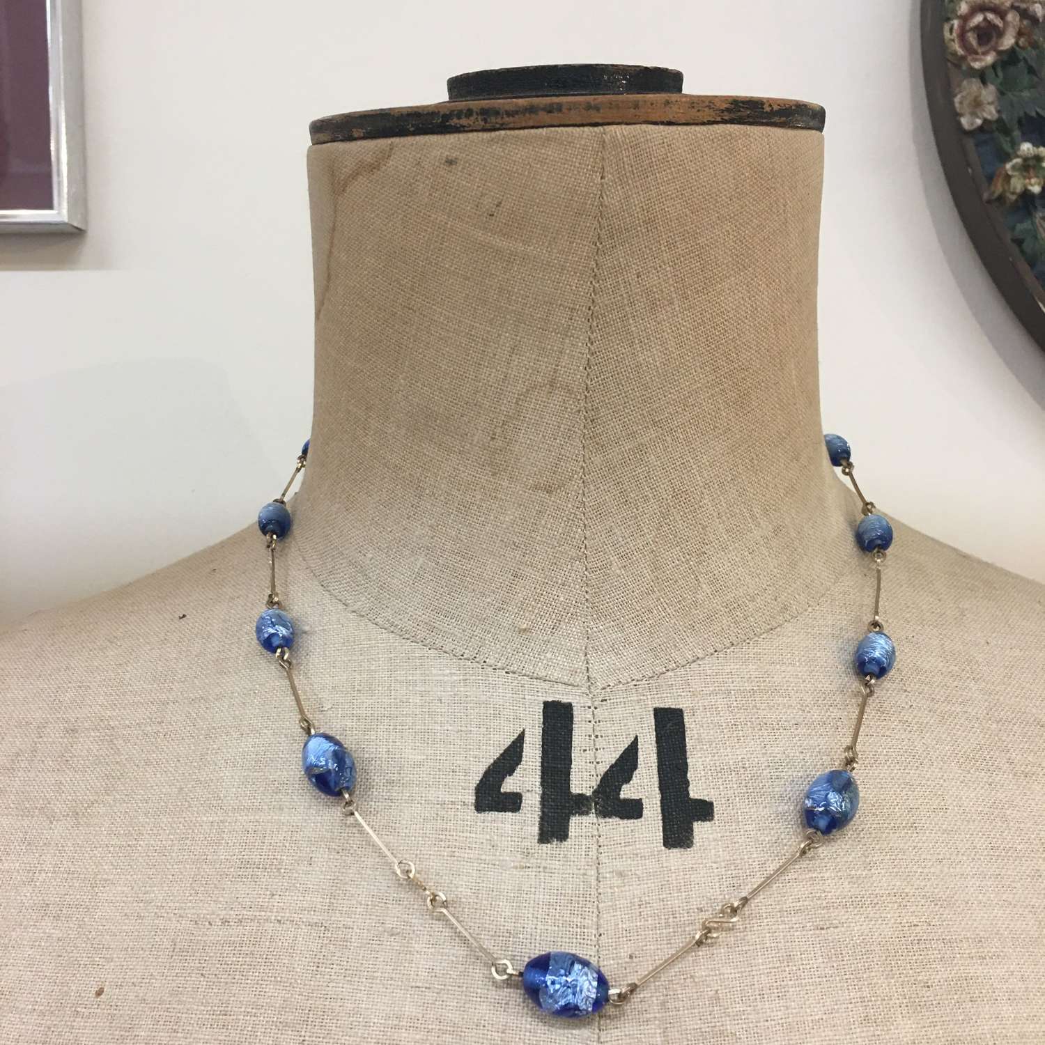 Art Deco 1930’s blue foil glass necklace