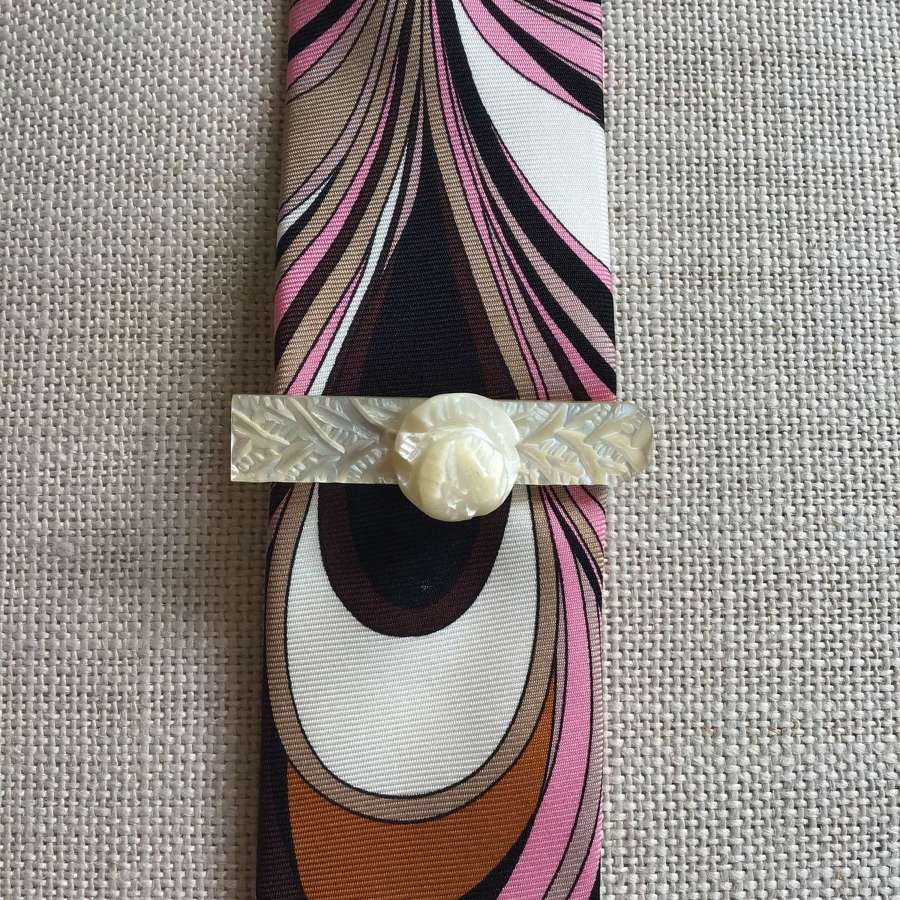 Antique mother of pearl rose bar tie clip