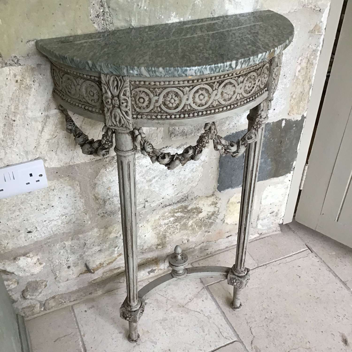 Antique French painted wooden marble topped console table