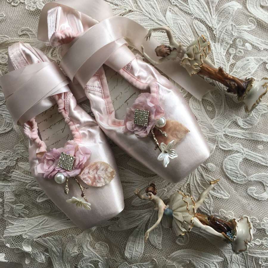 Vintage pale pink ballet pointes with paste &  flowers