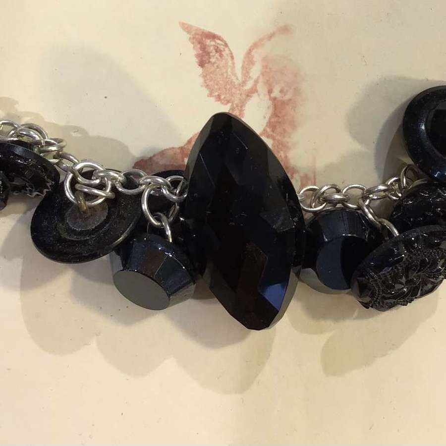 Vintage black French  jet glass button chain bracelet