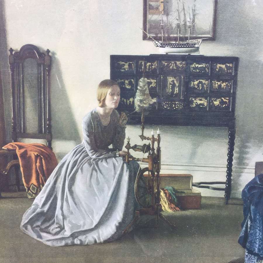 1930s print of lady weaving in her home