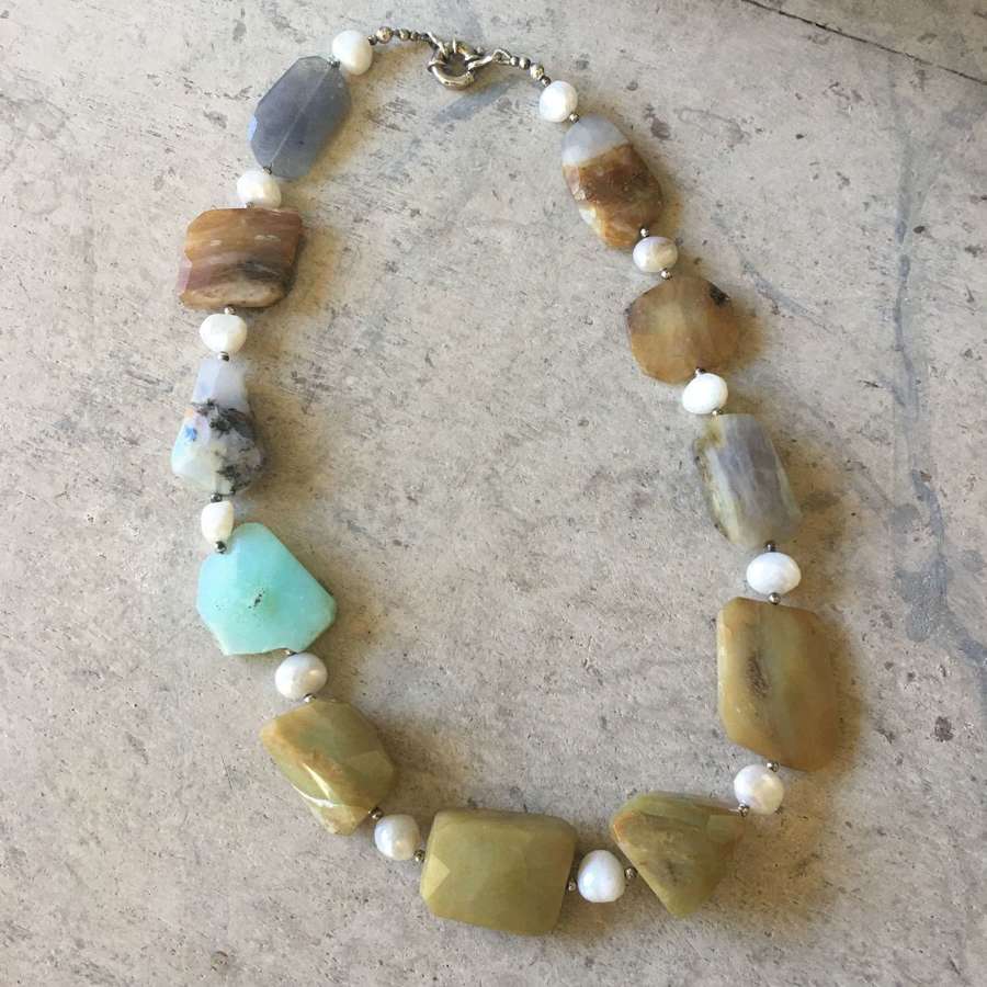 Vintage Peruvian Opal, pearl and silver necklace 20”/51cm