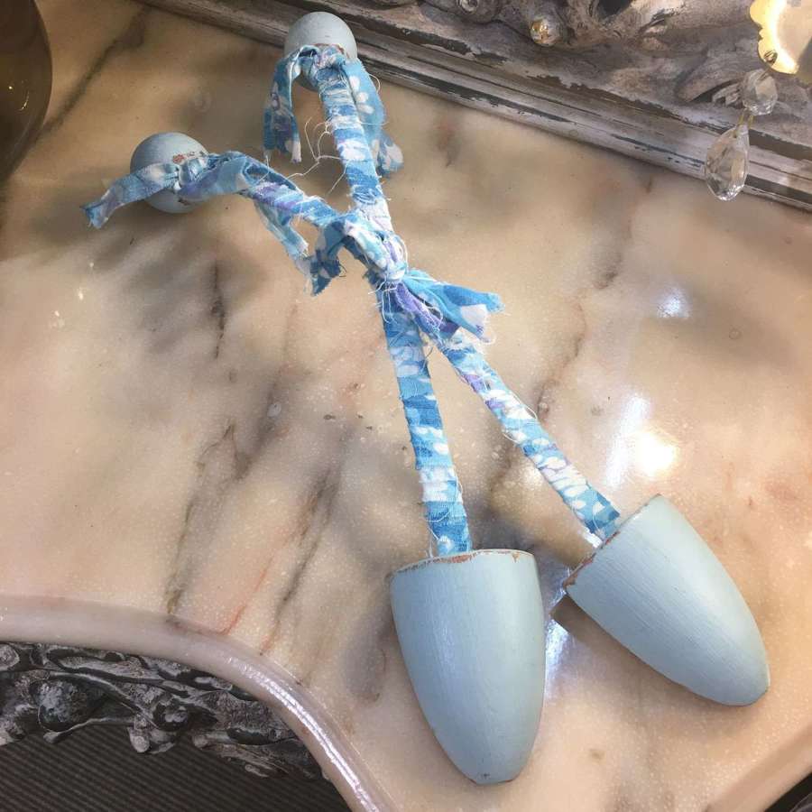 Vintage pale blue wooden fabric covered ladies shoe tree&rsquo;s