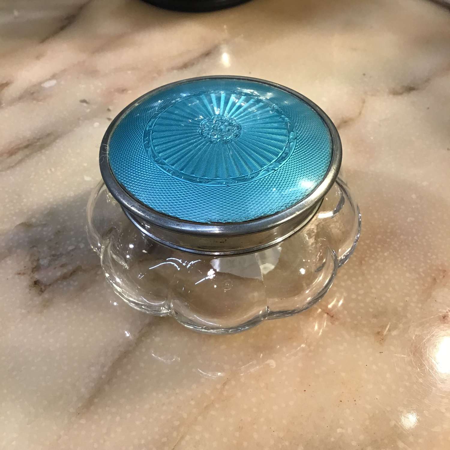 Vintage flower shaped glass powder or cream  jar with turquoise lid