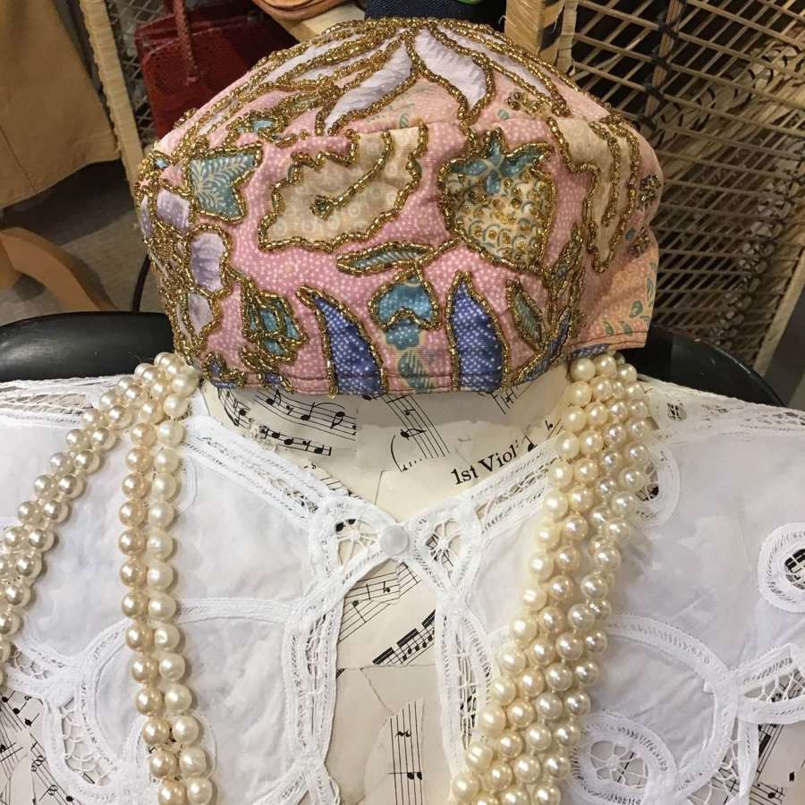 Embroidered and gold beaded pink & blue cotton hat