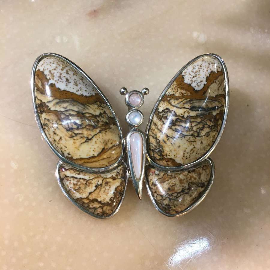Jasper and silver butterfly pendant