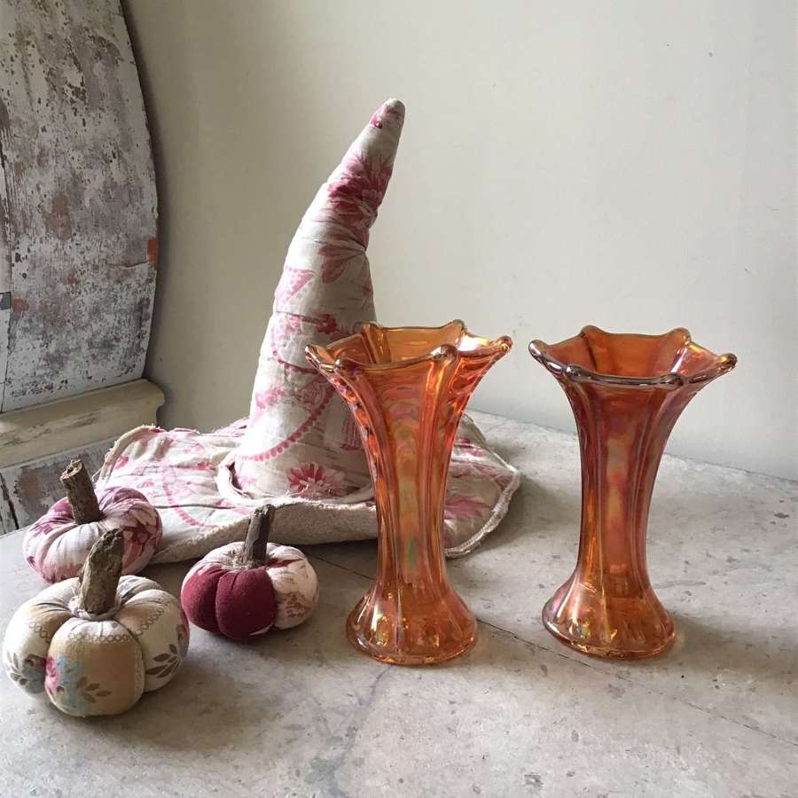 A pair of vintage orange Carnival  glass vases c 1950