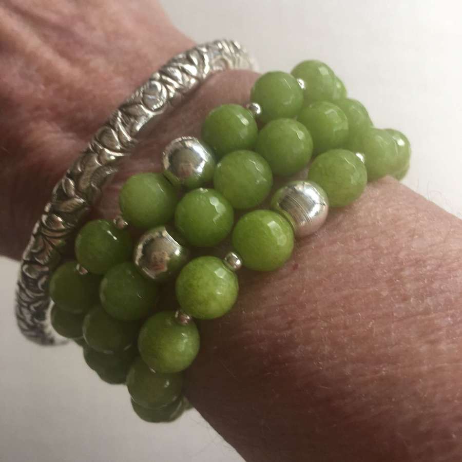 Three silver and semi precious green stone bracelets available singly