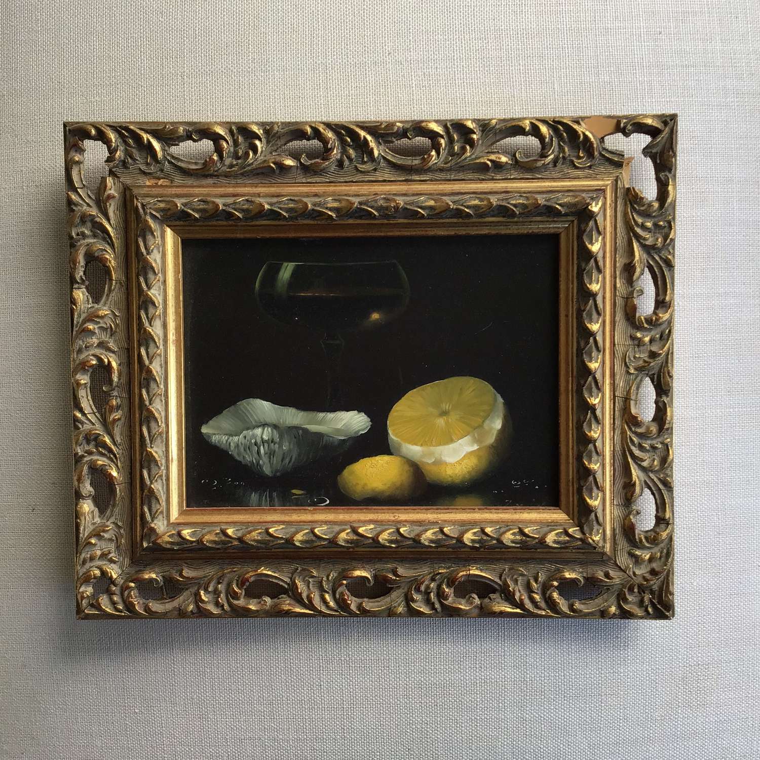 Framed still life of lemon, oyster, wine glass by Van Zander