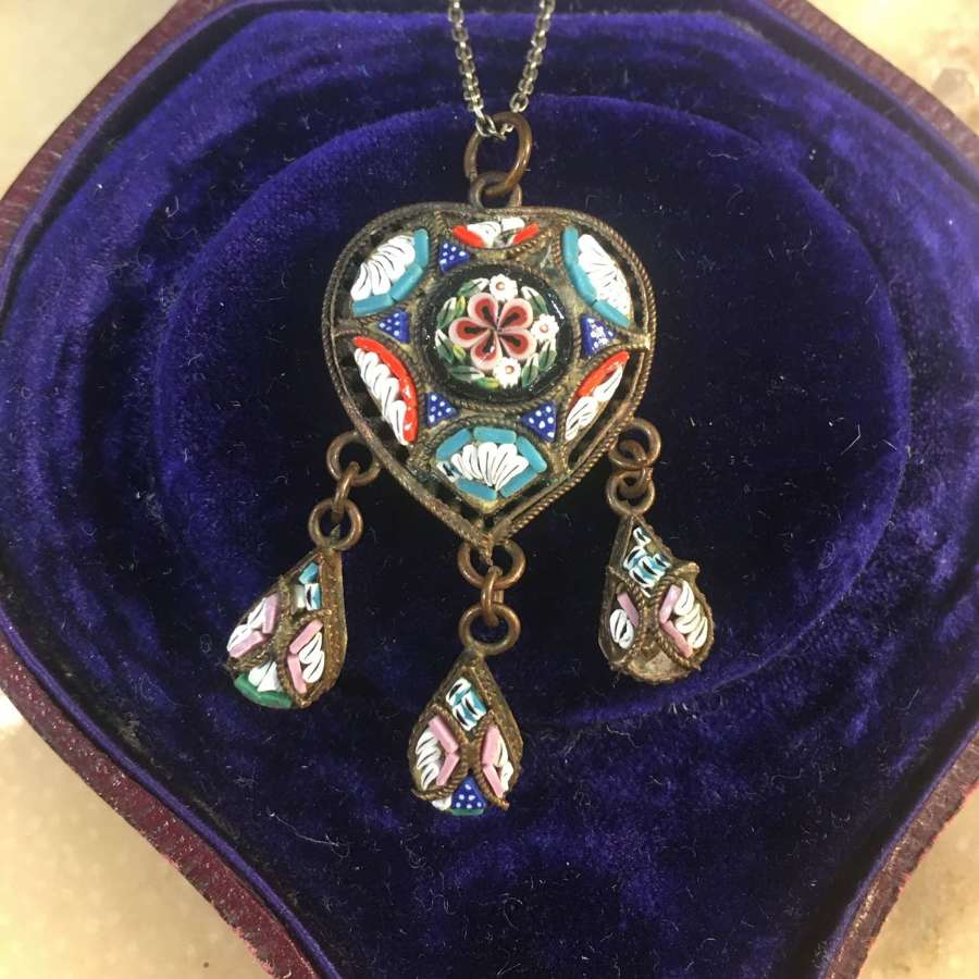 Antique micromosaic heart pendant on long silver chain