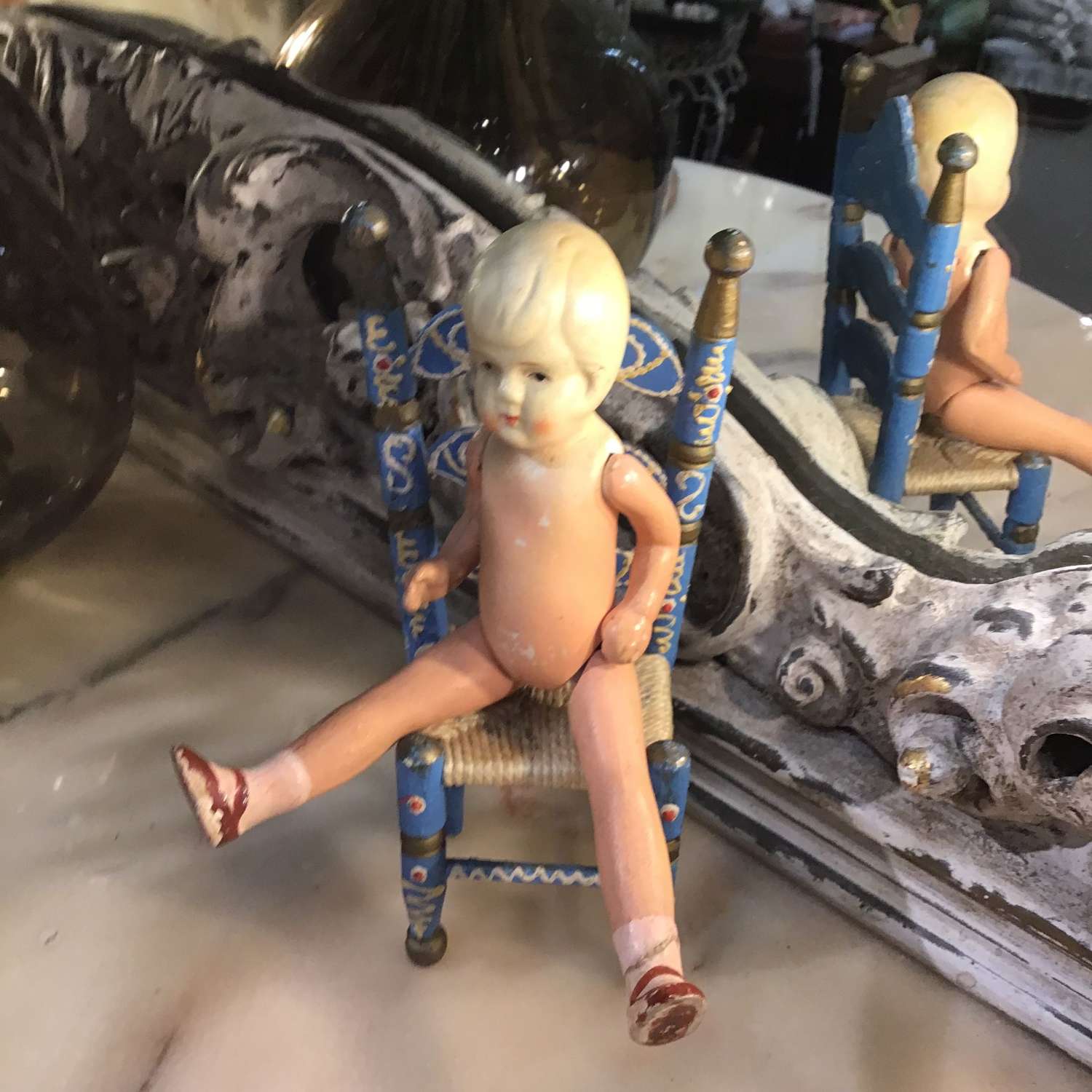 Vintage blue painted wooden doll’s chair