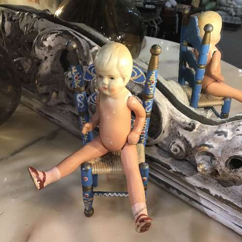 Vintage blue painted wooden doll’s chair