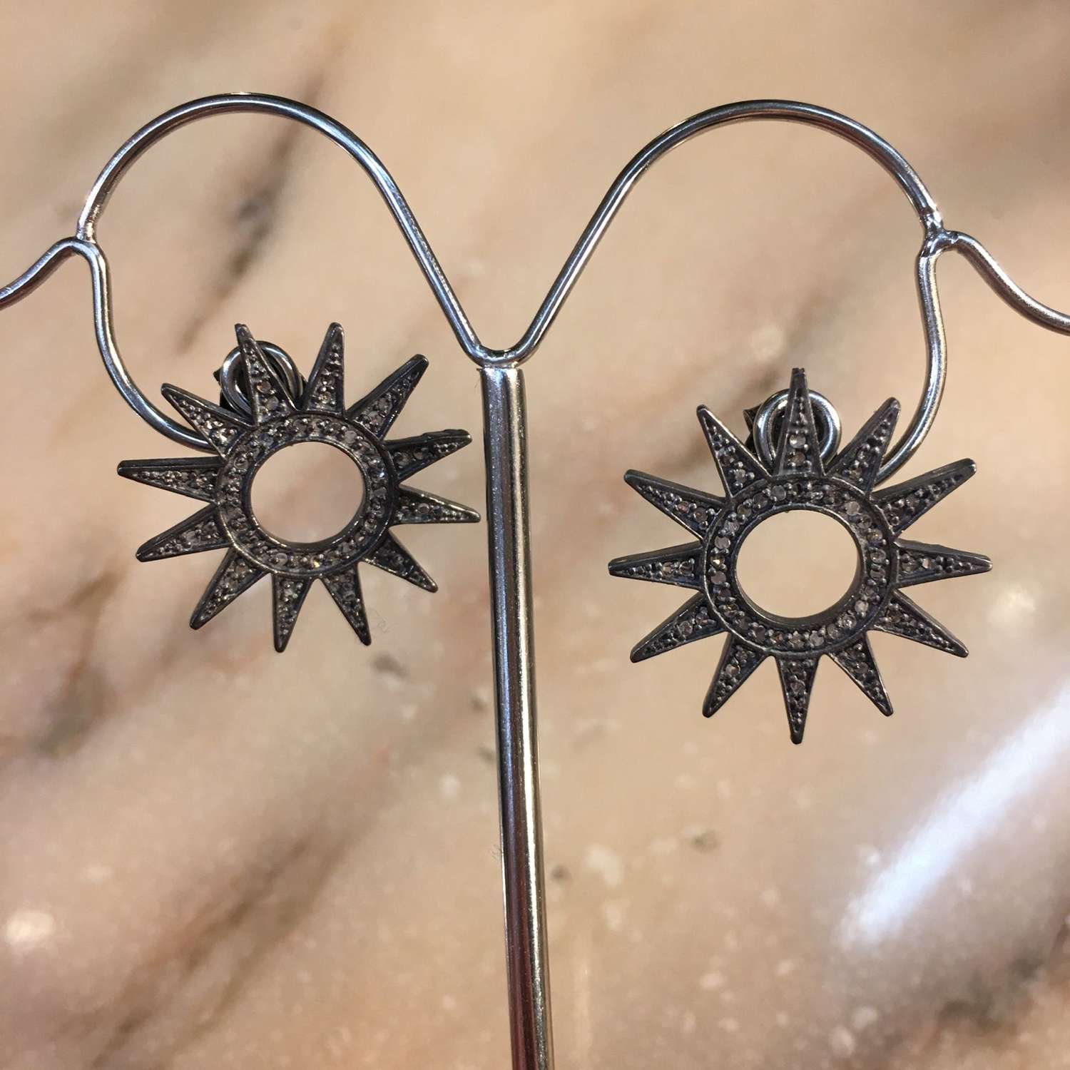 Oxidised silver and diamond sun post earrings