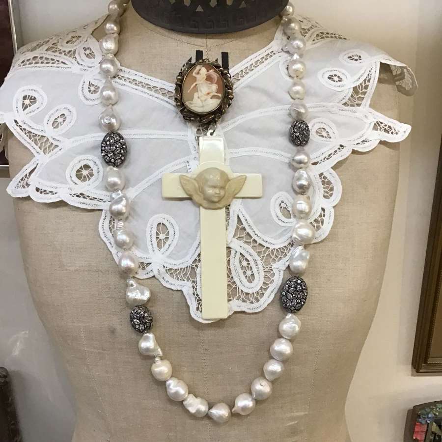 Long baroque pearl necklace with silver and zircon beads