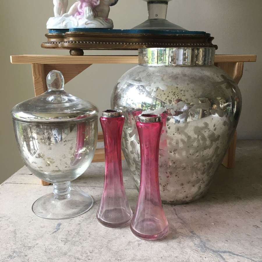 Antique circa 1900 pair of silver top cranberry glass vases
