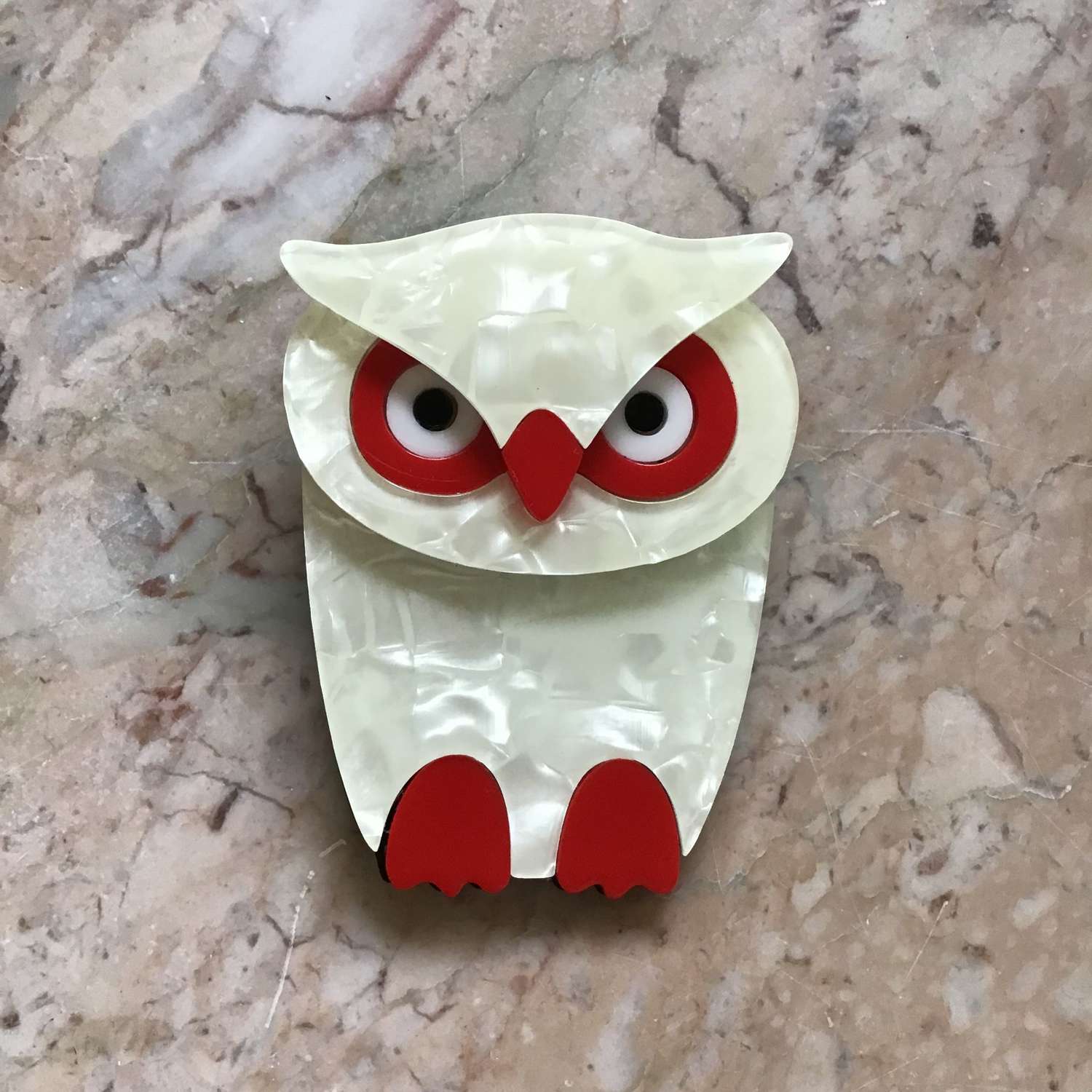 Lea Stein style cream and red owl brooch