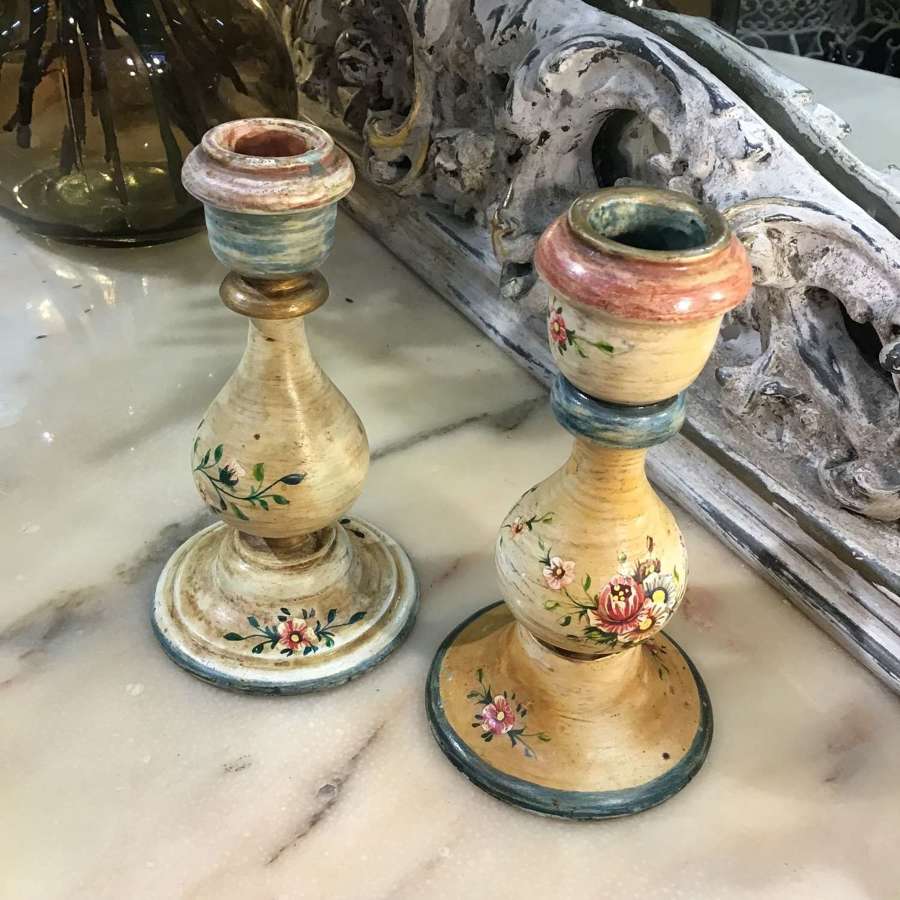 Pair of vintage decorative wooden candlesticks