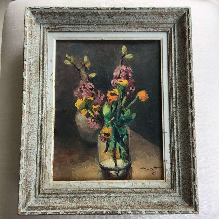 Vintage 1955 signed French floral framed oil painting