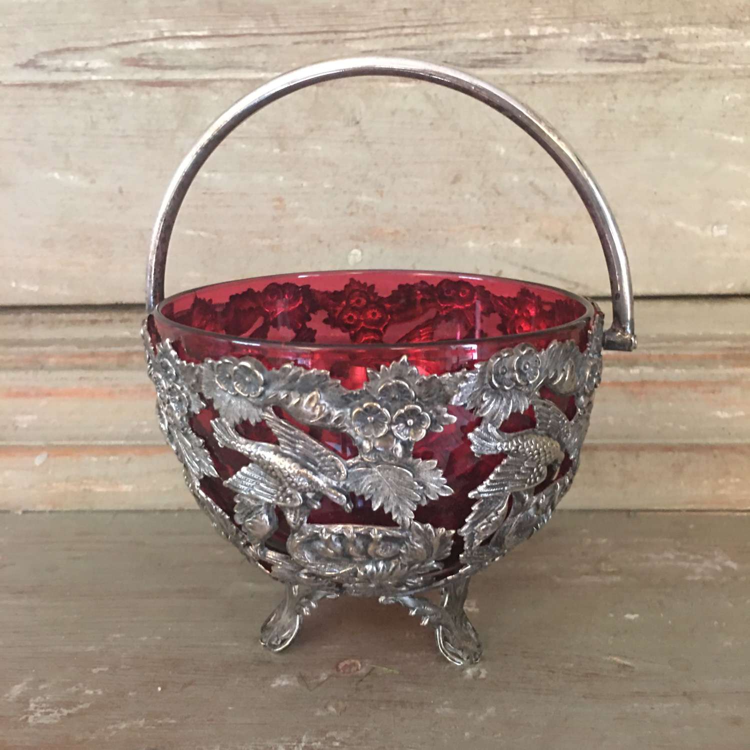Decorative silver plated cranberry glass bonbon dish