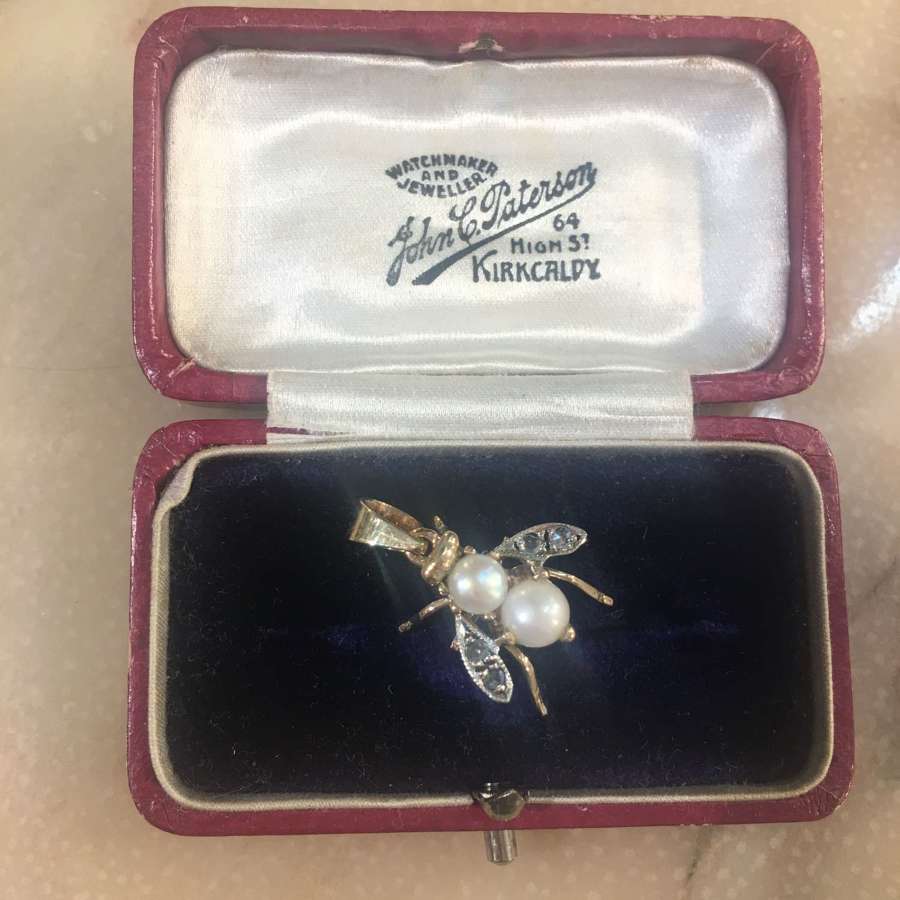 Gold diamond and pearl bee pendant