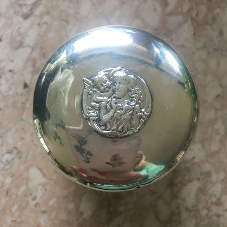 Antique silver lidded jar d 1902 with cherub and lady