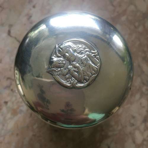 Antique silver lidded jar d 1902 with cherub and lady