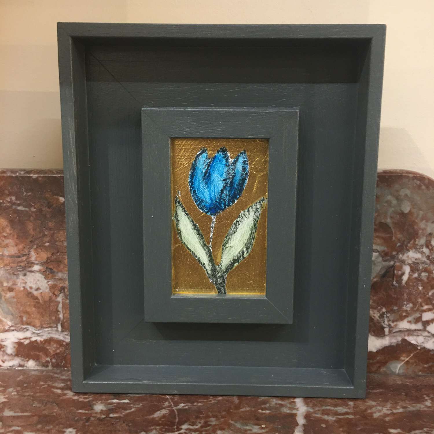 One blue tulip by Percy Lizzard (acrylic on 24k gold leaf)