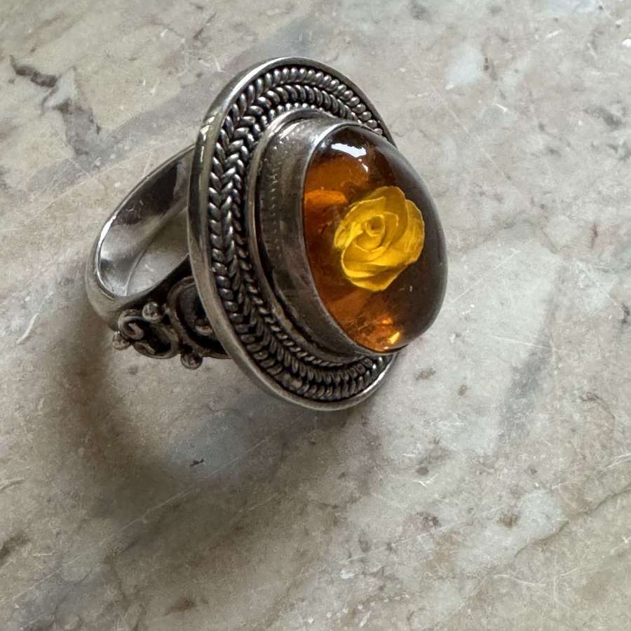 Intaglio ring maker Surti, rose, amber sterling silver size UK M