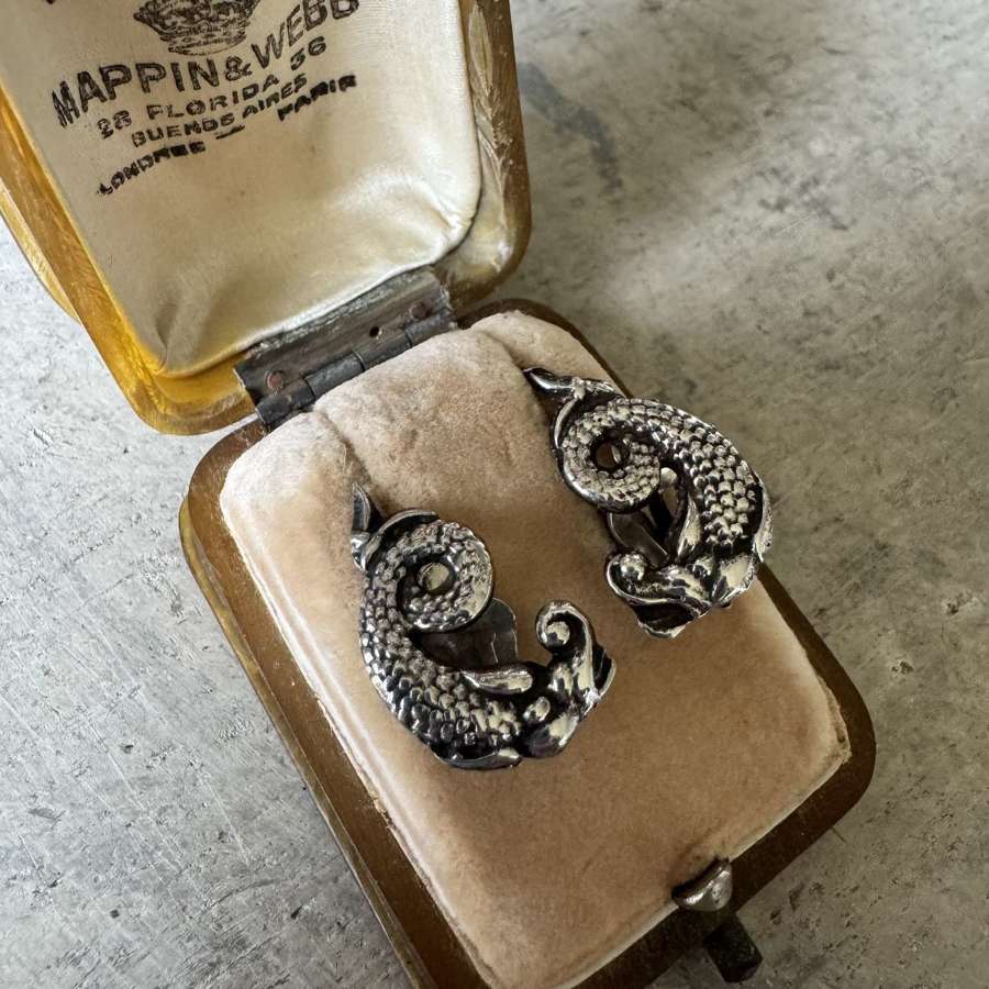 Vintage silver dragon clip earrings